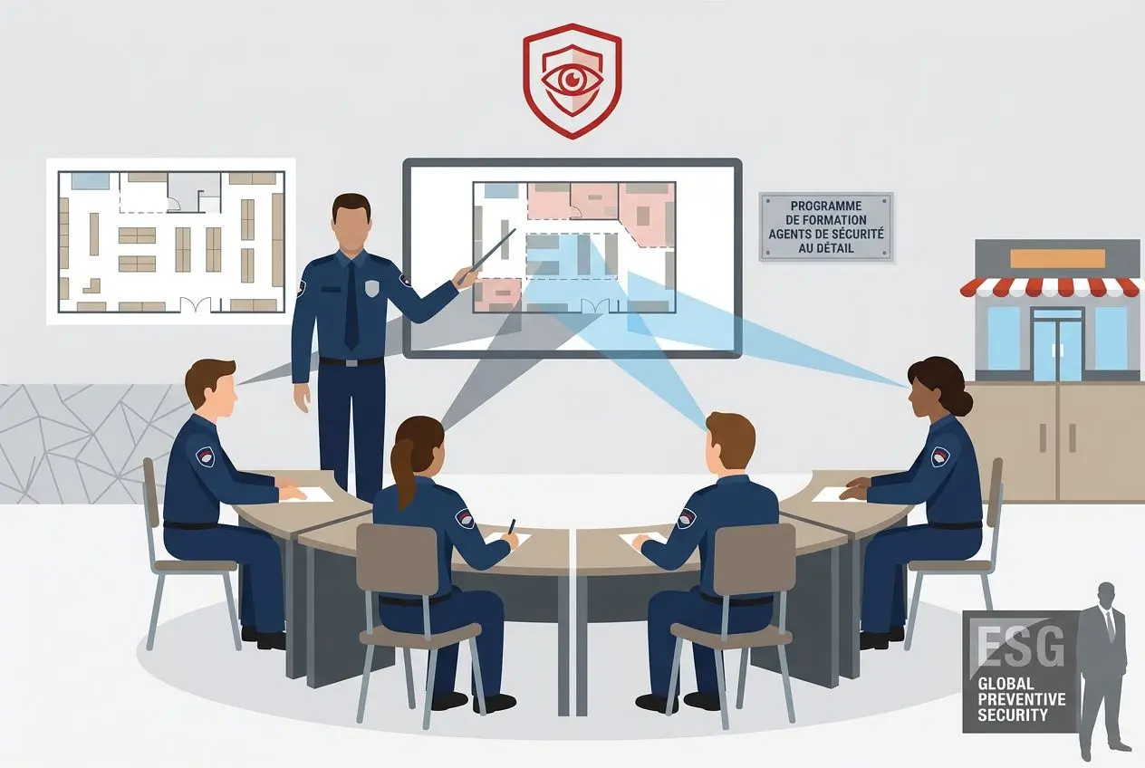 Agent de sécurité magasin réunissant l’équipe autour d’une table, présentation sur écran et surveillance des plans, cadre ESG visibles.