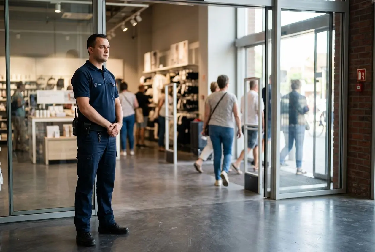 Agent de sécurité magasin surveillant l’entrée d’un magasin, vibres calme, clients et personnel à l’arrière-plan.