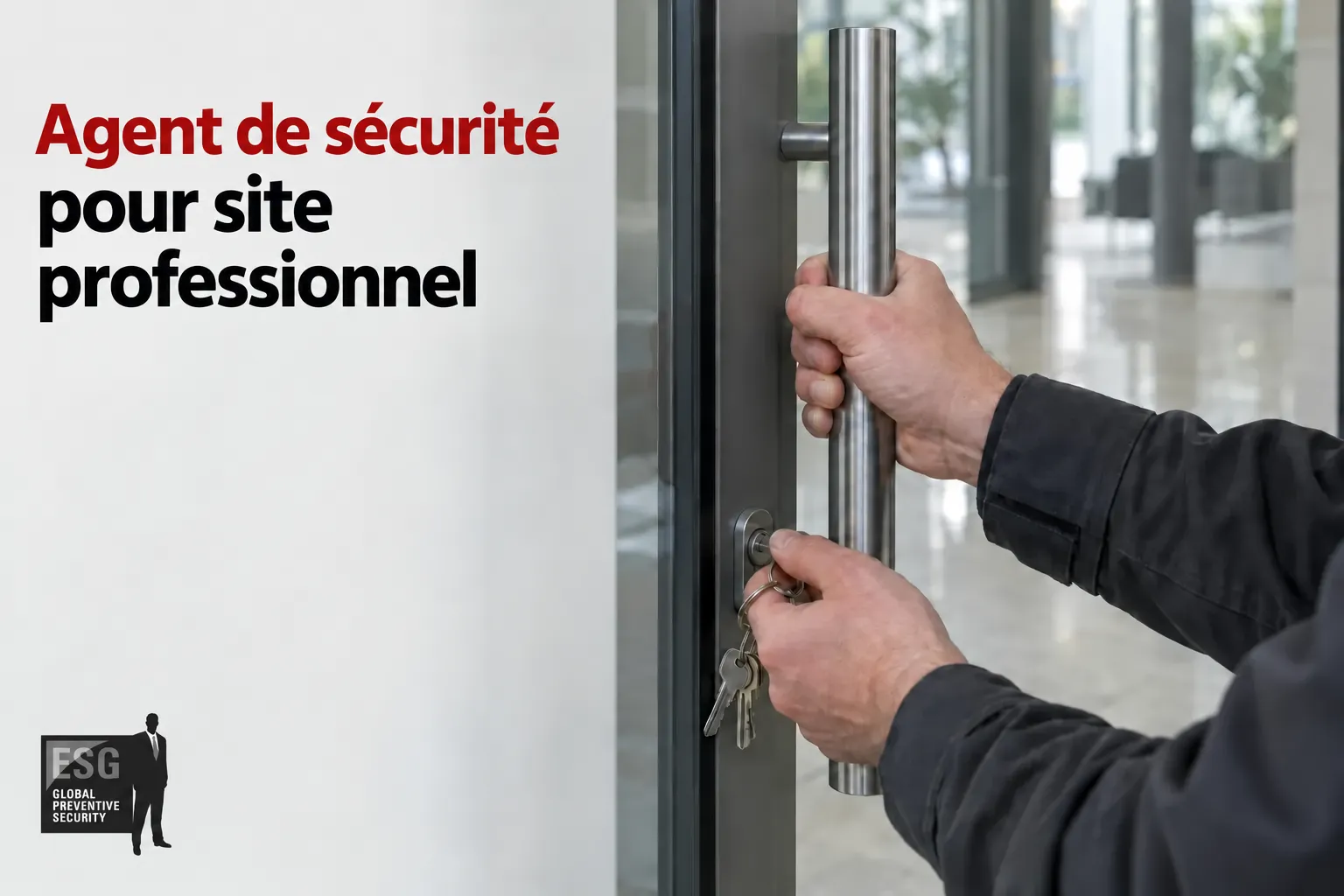 Agent de sécurité manipulant une poignée et serrure sur une porte, image associée à un site professionnel.